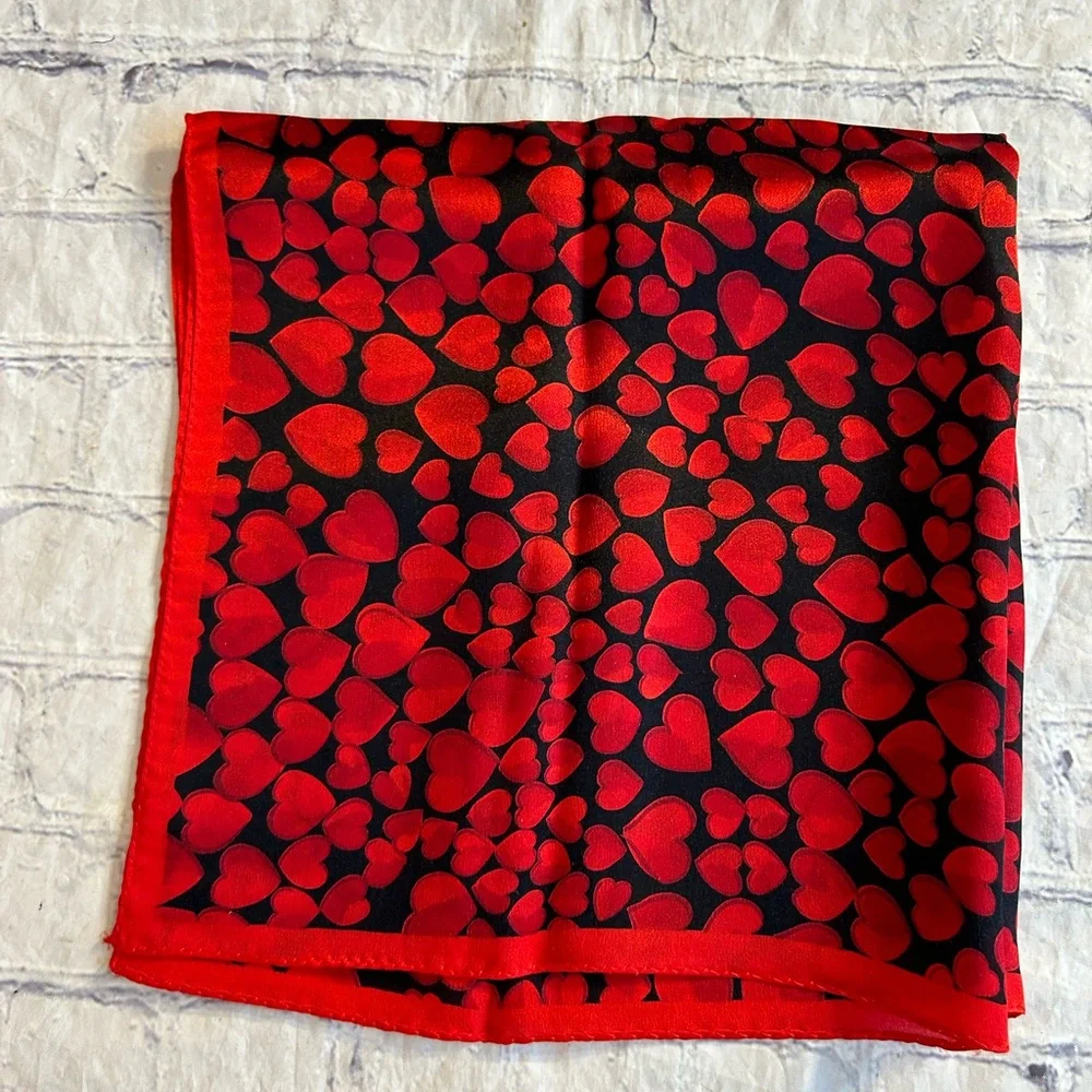 RED HEARTS ON BLACK BACKGROUND SILK SMALL SQUARE SCARF - Picture 2 of 6